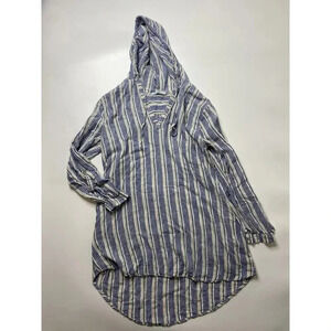 BLUE ISLAND Cover Up Womens S Pinstripes Roll Tab Sleeve Hooded V-Neck Linen